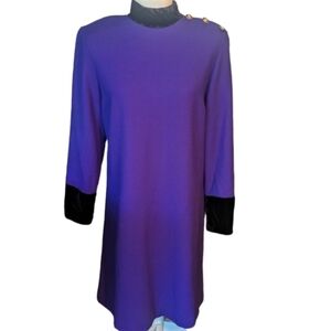 Vtg. 80s Wool long sleeve purple black velvet trim military style classic dress